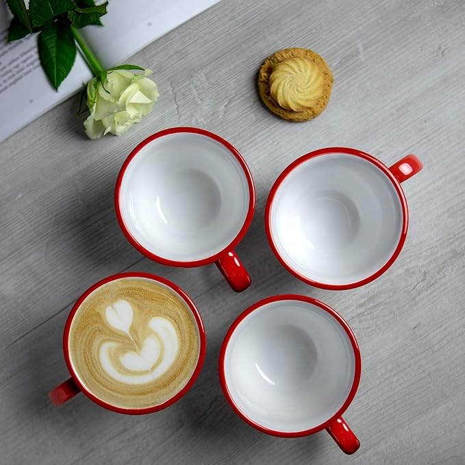 City to Cottage Handmade Red and White Polka Dot Large Ceramic 12oz/350ml Cappuccino Coffee Tea Cup and Saucer, Unique Designer Pottery Gift for Tea Lovers