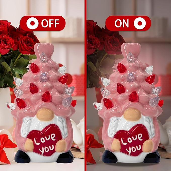 Valentines Day Decorations Pink&Red Lighted Up Ceramic Gnome Tree, Gnomes Figurines for Table Centerpieces Home Decor Indoor Outdoor Party, Valentines Day Gifs Home Decor for Couples Anniversary