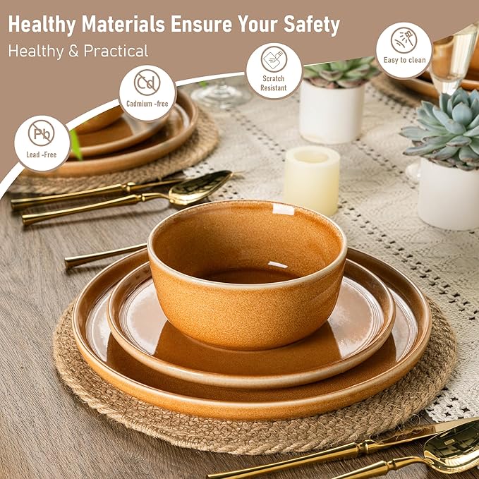 GBHOME Ceramic Dinnerware Sets for 6, 18 Pieces Stoneware Plates and Bowls Sets, Scratch Resistant Dishes, Dishwasher & Microwave Safe, Reactive Glaze-Amber