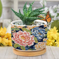 Bright and Chinoiserie Planters Ceramic Coral Peony Floral Round Flower Pot with Drainage Holes and Bamboo Tray Pot for Outdoor Garden Home Plant