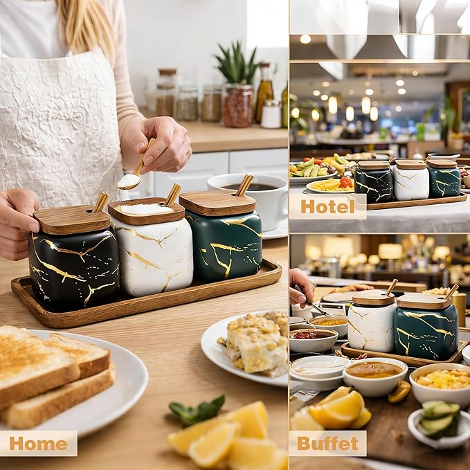 3 Pcs Sugar Bowls Ceramic Coffee Jar Set Ceramic Seasoning Jar with Lid Spoon and Tray/Food Storage Canister (Color Mixing)