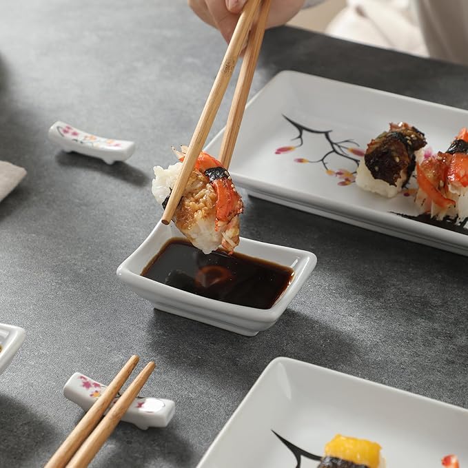 10 pcs Japanese Sushi Plate Sets Serving Platters and Trays for Entertaining Sushi Dishes Set Plates Sushi Plates Traditional Cuisine Dinnerware Sets with Chopsticks Pink Sakura