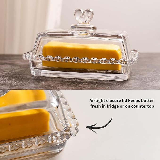 Glass Butter Dish with Heart Lid, Clear Glass Covered Butter Stick Holder Tray, Crystal Butter Storage Container for Fridge Countertop