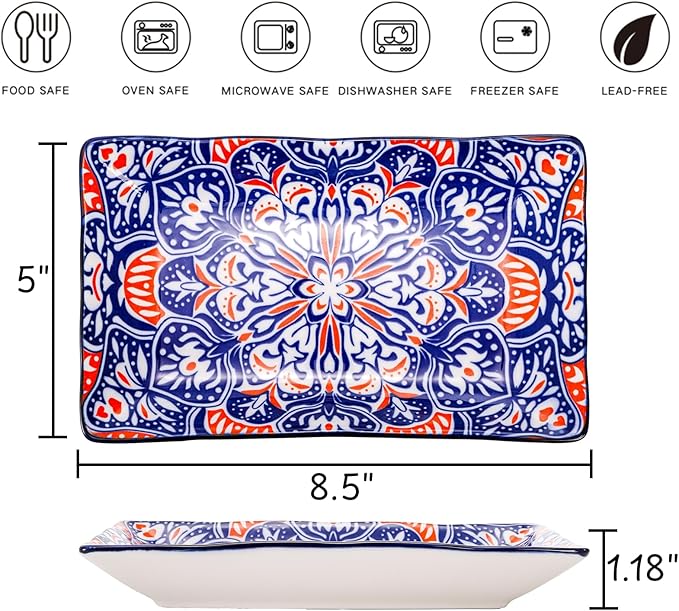 Goaste 6 Pack Ceramic Rectangular Dessert Plates, 8.5 Inch Colorful Salad Plates Set, Porcelain Serving Platter Trays for Appetizer, Sushi, Fruit, Cake, Microwave Oven Dishwasher Safe, Assorted Colors