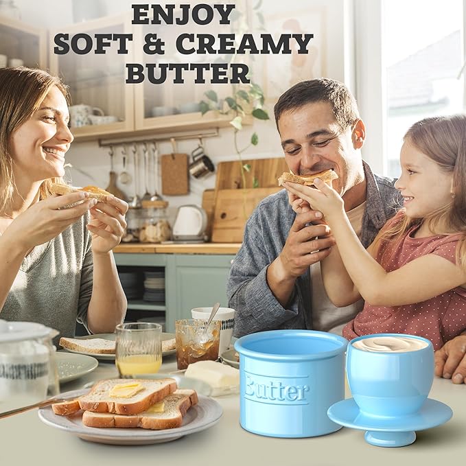 Premium Butter Crock with Lid - Original Design French Butter Dish - Beautiful Ceramic Butter Keeper for Counter with Water Line - Perfect to Keep Butter Soft and Spreadable - Light Blue