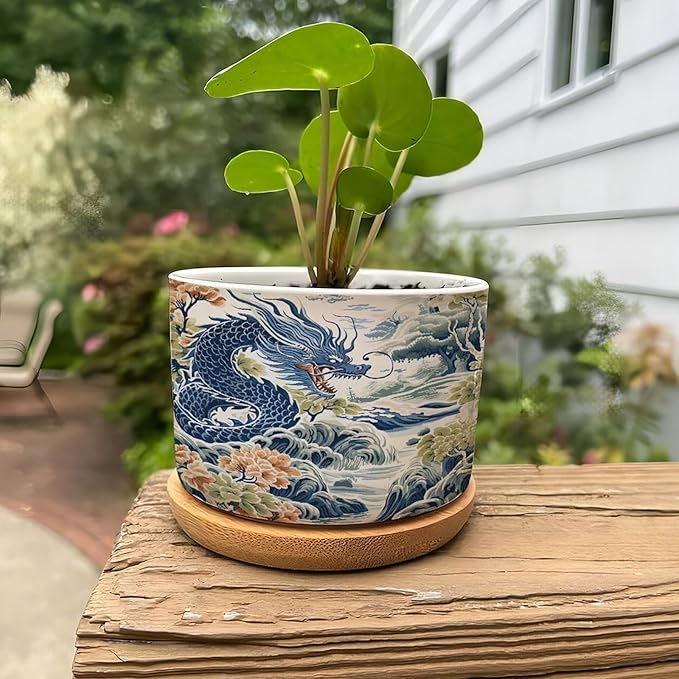 Trend Dragon and Print Ceramic Planters Chinoiserie Asian Inspired Flower Pots for Indoor Plants with Drainage Holes and Saucers Pot for Home Desktop Office Windowsill