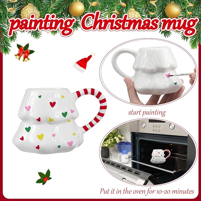 4 Set Christmas Tree Mug Paint Your Own Mug Craft Kit with Paints and Brush Ceramic Christmas Coffee Mugs DIY for Adults Xmas Festive Holiday Gift