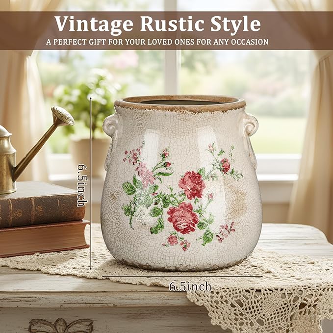 Ceramic Scroll Planter 6.5 Inch Chinoiserie Floral Vase with Drainage Holes Vintage Flower Vase Flower Pot Rustic Ceramic Pots for Indoor Plants Garden Home Bookshelf Decor (Pink Green)