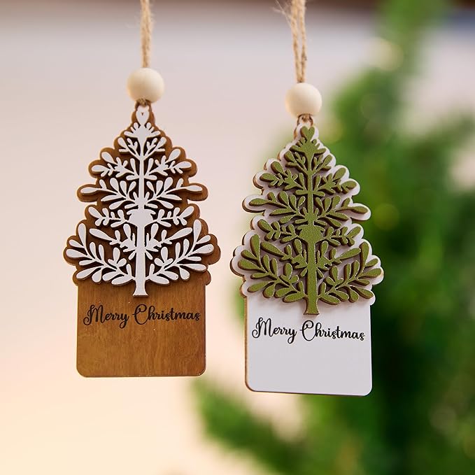 NGHYANA Merry Christmas 3D Wooden Tree Ornaments Set for Holiday Decor 4 Inch Rustic Hanging Decorations