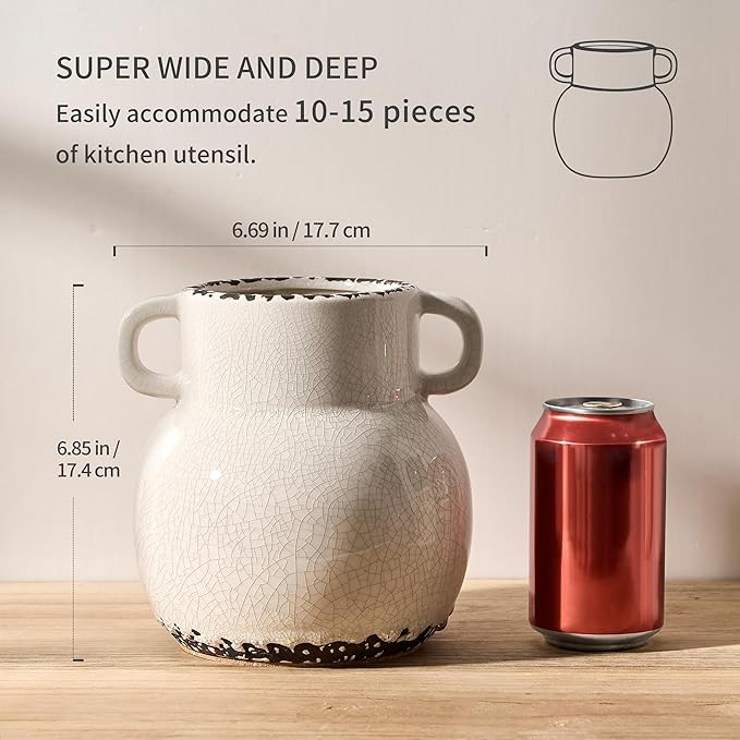 JIEMEI HOME Kitchen Utensil Holder with Handle, 6.85" Ceramic Farmhouse Stable Utensil Crock for Countertop, Utensil Organizer with Cork Bottom, Spatula Holder For Kitchen Decor, White