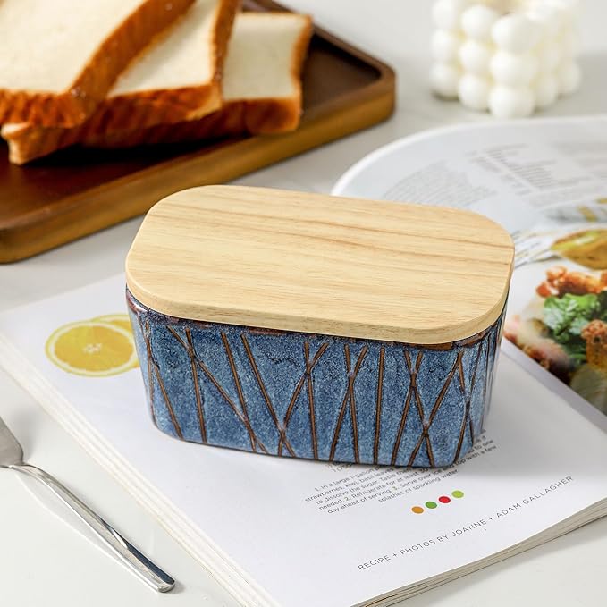 HVH Ceramic Butter Dish with Lid for Countertop, Airtight Butter Keeper with Wooden Lid, Butter Holder for East West Coast Butter, Irregular Striped (Wabi sabi, 6 x 3.5 x 2.7)