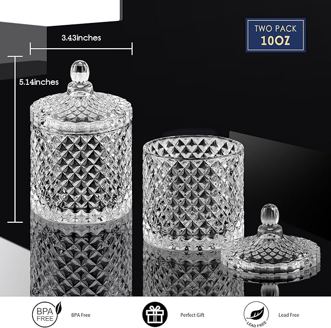 2 Pack Qtip Holder Cotton Round Ball Holder Set, Apothecary Jars Glass Bathroom Storage jars with Lids for Bathroom Decor, Qtip Dispenser for Cotton Swab,Cutip