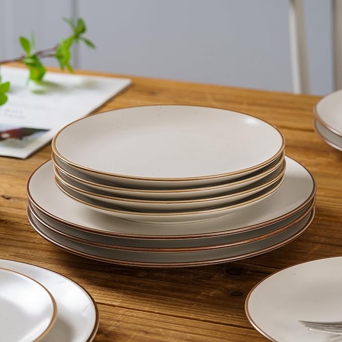 Ceramic Dinner Plates Set of 6, 8 Inches Kitchen Porcelain Serving Dishes, Dinnerware Sets, Microwave Oven Dishwasher Safe, Scratch Resistant, Modern Rustic Vanilla White, Christmas Housewarming Gift