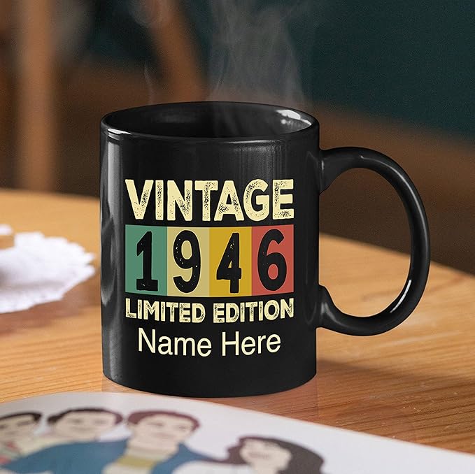 PREZZY Vintage 1946 Limited Edition 77th Birthday Decorations Personalized Gifts for Women Men Mothers Day Fathers Day Gift 77 Year Old Birthday Mug Customized Name Ceramic Black Tea Cup 11oz 15oz