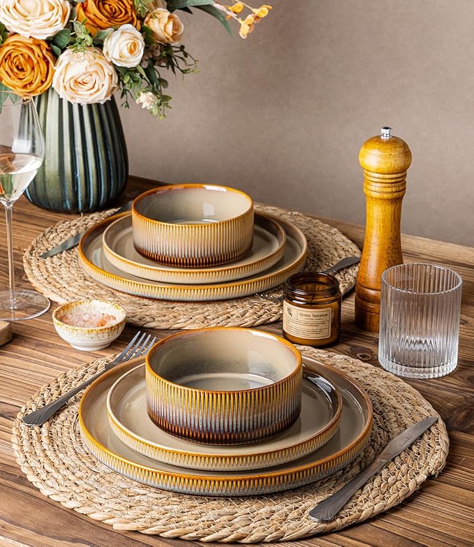 TheTerra Ceramic Dinnerware Sets for 6, 18 Pieces Porcelain Lightweight Plates and Bowls Sets, Scratch Resistant Dish Set, Oven & Microwave & Dishwasher Safe, Creamy Amber