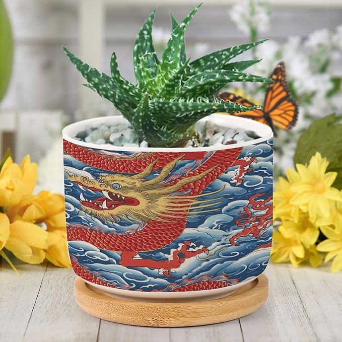 Dragon Chinoiserie Planter Ceramic Asian Inspired Round Plant Pots with Drainage Holes and Bamboo Tray Pot for Pots Outdoor Indoor Plants