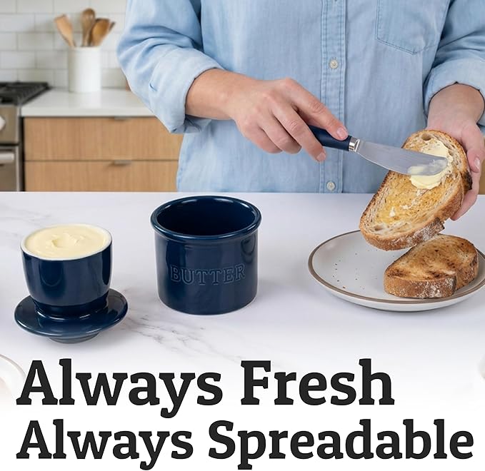 PriorityChef Butter Crock with Lid with Water Line,Ceramic French Butter Dish to Leave On Counter, Dark Navy