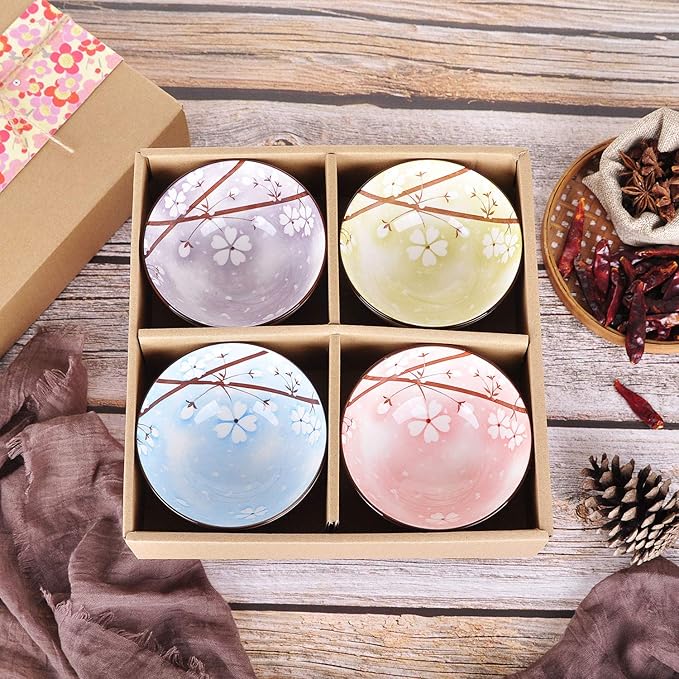 VanEnjoy Set of 4 Japanese Style Ceramic Rice Bowl with Gift Box,Assorted Phum Colors Flowers Pattern Bowls Set,Underglazed Dinnerware,For Dessert Snack Cereal Soup