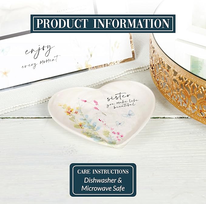 Pavilion Gift Company - Sister - Ceramic Heart-Shaped Keepsake Dish, Watercolor Floral Design, Unique Gifts for A Sister, Trinket Dish, Ring Holder, Jewelry Dish, 1 Count, 4.5 inches