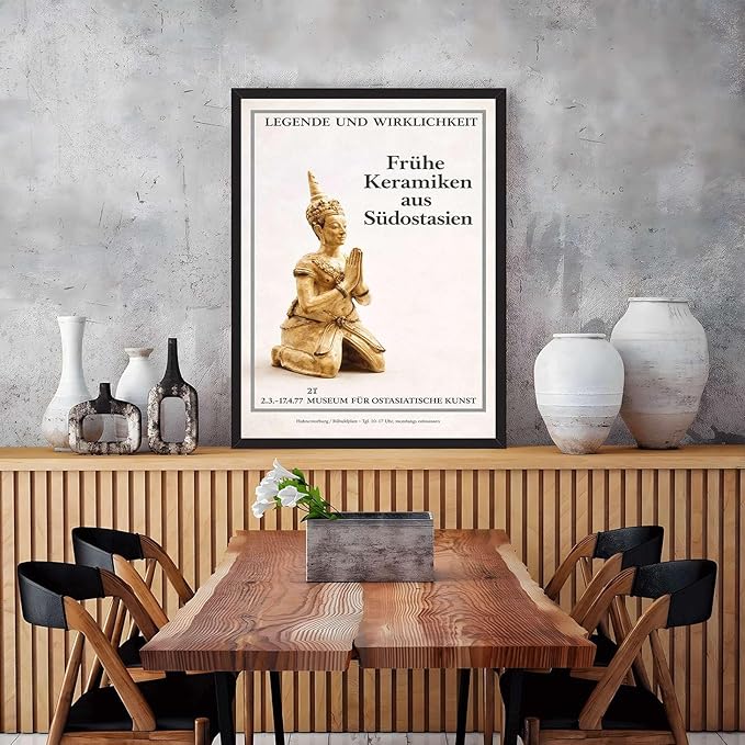 Framed Southeast Asian Ceramic Sculpture Poster Canvas Print Art Vintage Elegant Wall Art Painting Pictures Wall Decor for Living Room Home Decor Stunning Cultural Statue Art Print for Bedroom (Black framed,12L"X16W")