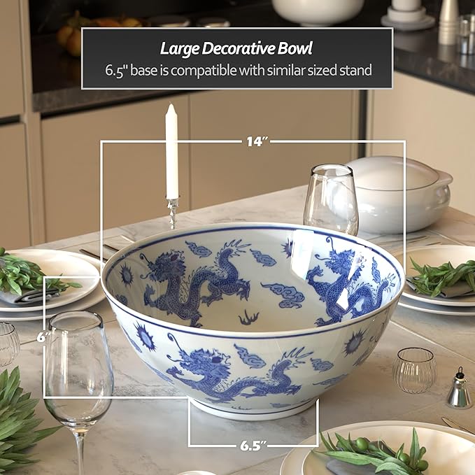 Red Lantern 14" Dragon Blue & White Porcelain Bowl Vase for Centerpiece in Kitchen Dining Living Room Bedroom with Boho Eclectic Modern Contemporary Classic Traditional Style Decor