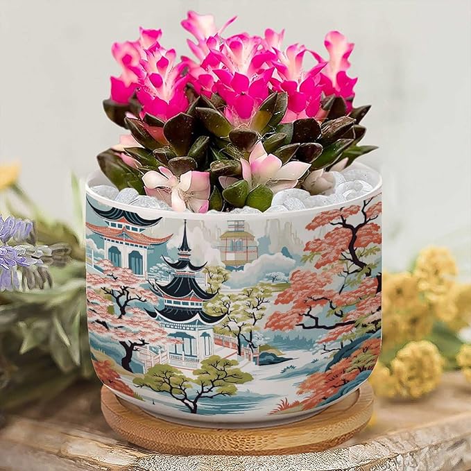 3 Piece Blue Asia Tiered Tower Coral Pink Flower Small Pot for Flowers Asian Style Chinoiserie Succulent Planters for Indoor Chinoiserie Garden Scenery Ceramics Plant Pot