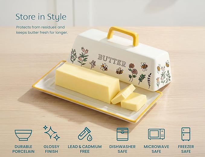 Kook Ceramic Butter Dish with Lid, Kitchen Countertop Butter Keeper, Serving Tray with Cover, Storage Container, Holds 1 Stick, Microwave and Dishwasher Safe, Meadow