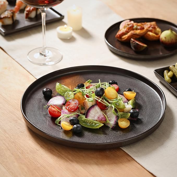 Ceramic Appetizer Plates, 8 Inch Dessert Plates/Salad Plate, Small Dinner Plates for Snacks, Side Dishes, Round Serving Plates (4, Dark Brown)