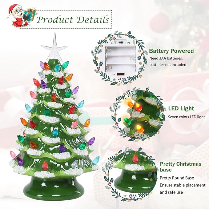 VCUTEKA Small Ceramic Christmas Tree Hand-Painted Vintage Tabletop Green White Christmas Tree Holiday Decoration with Multi-Color Lights Xmas Trees 12 inch