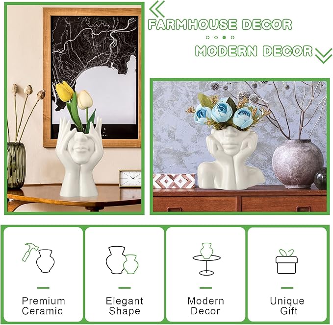 Sieral 3 Pcs Ceramic Face Vase Female Form Flower Modern Body Vase for Decor with Head Half Body Bust Centerpiece for Table Shelf Home Bedroom Room Office(Large,White)