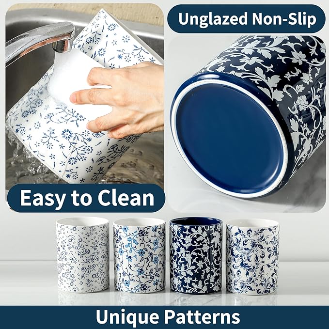 Kitchen Utensil Holder for Tools, Spatula Holder Extra Large Utensil Crocks for Countertop, Blue and White utensil holder Ceramic Apartment Essentials (7.2in×6.2in