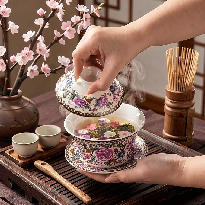 Set of 3 Gaiwan Chinese Tea Cup, 10 Oz Large Porcelain Tea Cup with Lid and Saucer, Traditional Handmade Kungfu Tea Bowl Set for Home Decor Kitchen Coffee, Flower Pattern