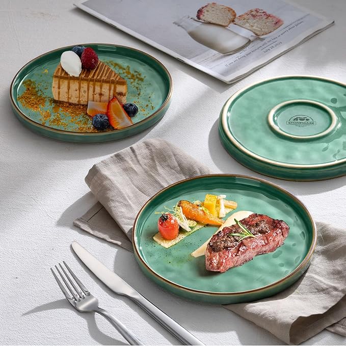 LIANYU Ceramic Dessert Plates Set of 6, 10.2 Inch Kitchen Dinner Plates Set, Porcelain Serving Dishes for Cake, Bread, Salad, Snack and Steak, Microwave, Oven and Dishwasher Safe, Emerald Green