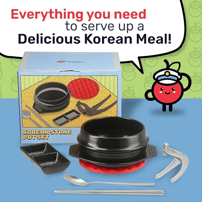 Korean Stone Pot Set (7-piece, 38.7oz with Hot Pot Grip), Ttukbaegi, Dolsot, Korean Soup Bowl, Ceramic Pots for Cooking, Soup Pot, Earthenware Claypot, Bibimbap, Ramen