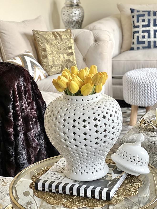 Noori Home - 100% Modern Glam Artisan Ceramic ELLA Medium White Ginger Jar Urns with Lid 9.5x9.5x14.5