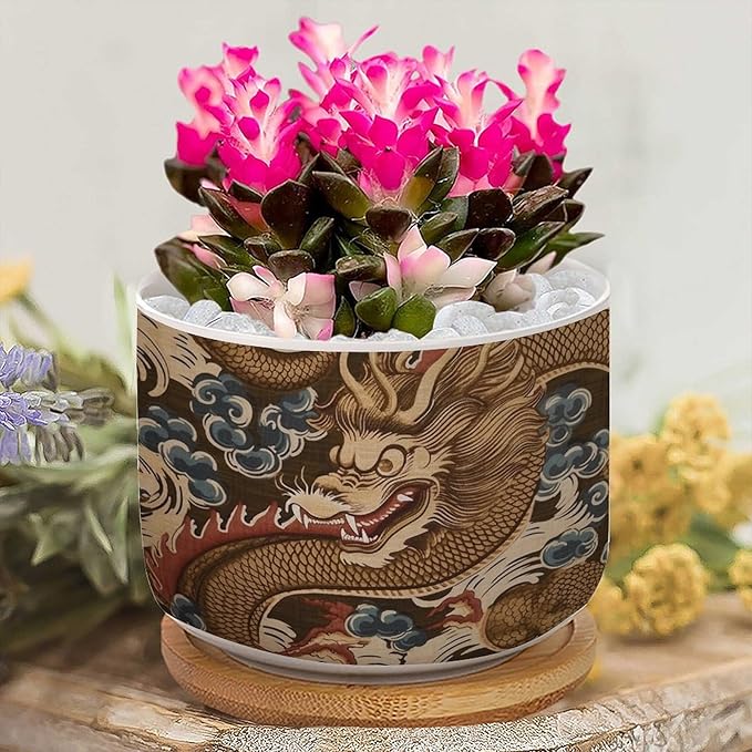 3 Piece Antique Chinoiserie Dragon Small Ceramics Planter Chinoiserie Flower Pot Planter with Drainage Bamboo Trays Dragon Gold Oriental Style Asian Ceramics Pots for Plants