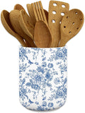 JarThenaAMCS Chinoiserie Floral Ceramic Utensil Holder Blue Flower Butterfly Utensil Crock for Home Kitchen Countertop Storage Organizer Container