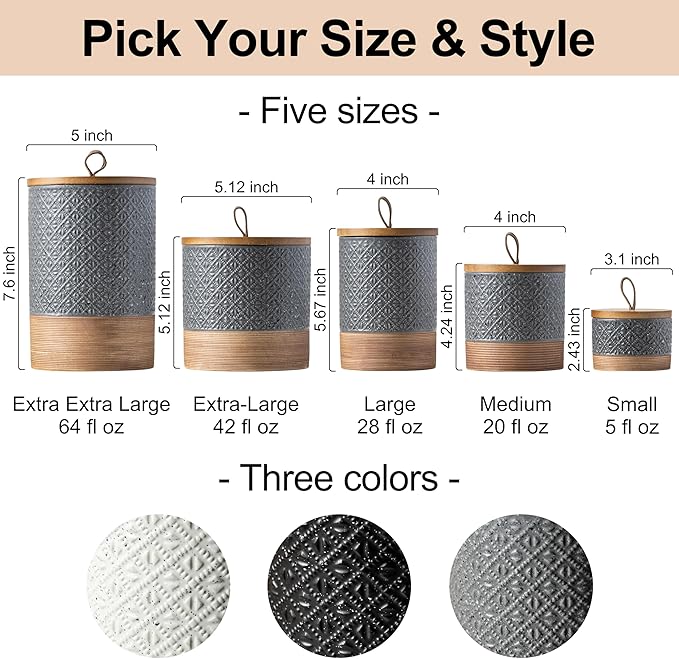 Ceramic Spice Jars with Lids, Coffee Canister with Airtight Lid, Small Kitchen Food Storage Jars for Spice Sugar Tea Bag, Stackable Decor Kitchen Jar for Counter - Gray & 20 fl.oz
