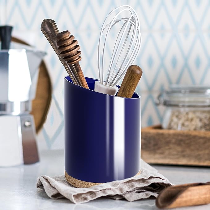 Large Ceramic Utensil Holder for Kitchen Counter, Modern Crock with Slanted Top & Cork Mat, for Spatulas & Cooking Spoons, Blue