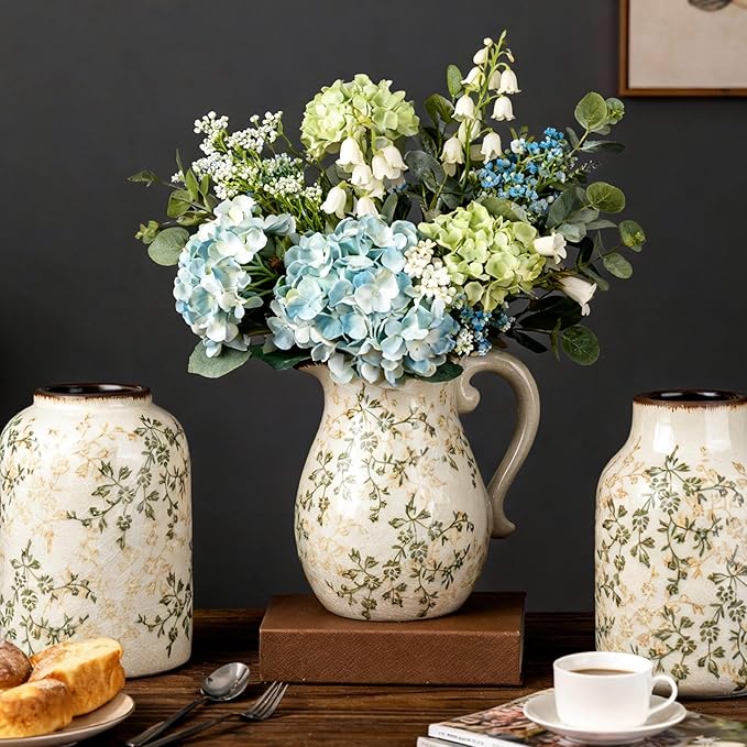Green Chinoiserie Floral Vase, Ceramic Farmhouse Flower Vase, Creative Ice Cracked Vintage Vases for Home Decors, Cottage, Dining Coffee Table Centerpiece, Bookshelf, Tuscan Decor,8.3 Inch