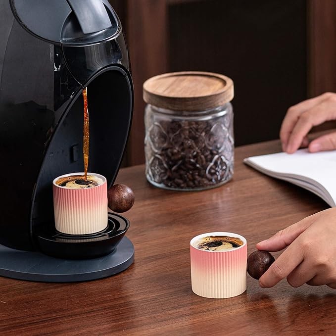 Ceramic Mini Espresso Cups Demitasse Cups with Round Wooden Handle Vertical Stripes Tea Cups (Beige&Pink, 4pcs)