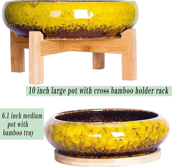 Succulent Pots, Large Succulent Planter with Stand, 7.3/10 Inch Bonsai Planters with Drainage Trays Ceramic Pot for Indoor Cactus Flower Plants Set of 2