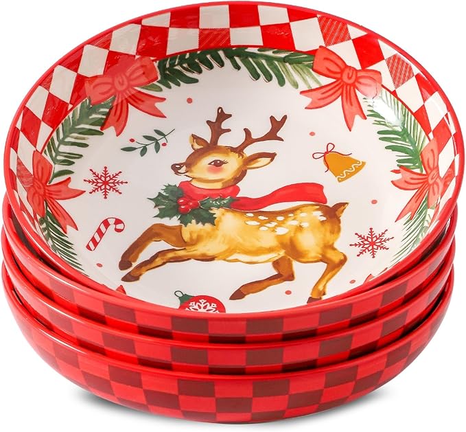 HASENSE Pasta Bowls Set of 4, Holiday Serving Dishes for Entertaining, 38 Ounce Ceramic Bowl Set for Soup, Salad, Snack, 8.8 Inch Dishes for Valentine’s Day Gift, Microwave Dishwasher Safe, Red