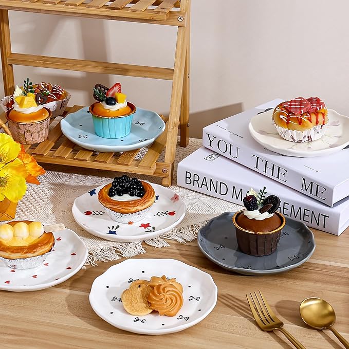 Koythin Ceramic Dessert Plates, Cute Fruits Dinner Plate, Creative Plates Design, Printed Flowers Dinnerware for Office and Home, Kitchen Plates for Desserts (White Floral)