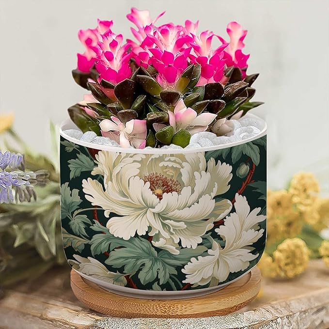 Egg Green and White Floral Small Pot for Flowers Set of 5 White Chinoiserie Flower Ceramics Pots for Plants with Drainage Bamboo Trays Chinoiserie Cactus Planter