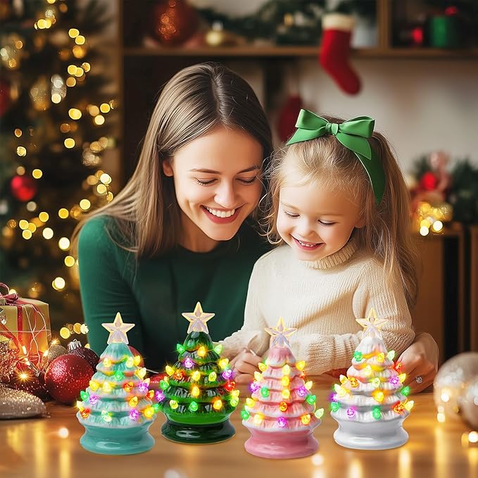 5 Inch Mini Ceramic Christmas Tree Set - 4 Pack Pre-lit Tabletop Christmas Tree with Multicolored LED Light, Battery Operated Small Lighted Tree for Home Table Holiday Decoration