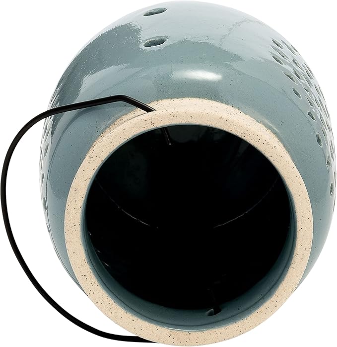 Sagebrook Home Ceramic Hurricane Lantern with Cutout Design - Stoneware Decorative Candle Holder for Home, Office & Living Room - Rustic Garden Accent - 6" Blue