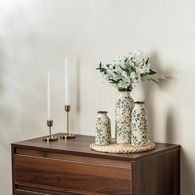 Ceramic Vase Set of 3, Vintage Green and Beige Vases Set, Flower Rustic Chinoiserie Vases Floral Grand Millennial Farmhouse Decor Vase for Home Decor, Living Room, Kitchen, Bedroom, Bookshelf