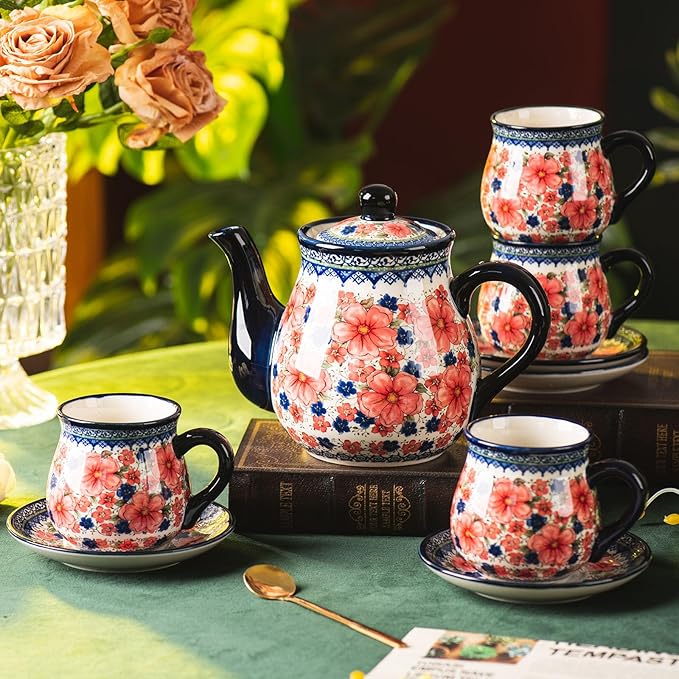 polish pottery style porcelain ceramic 10 piece Tea set,7.2oz tea cup and sauce set of 4,28.2oz teapot and 1wooden tray (Snow and Plum)