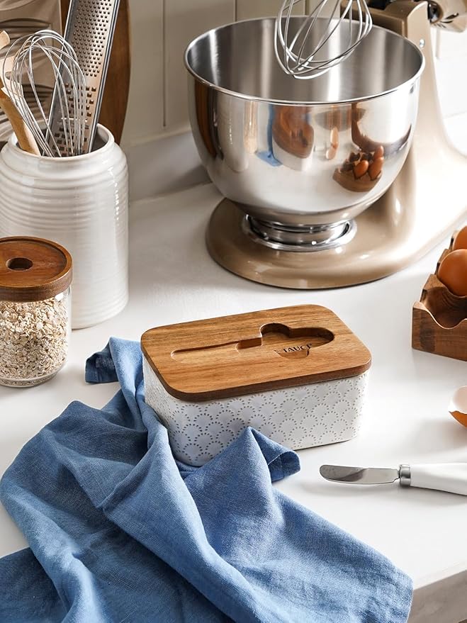 LE TAUCI Butter Dish with Lid for Countertop, Ceramic Butter Container, Embossed Butter Keeper with Acacia Wood lid, Knife, and Airtight Cover, Farmhouse Decor - Set of 1, Arctic White, Fireworks